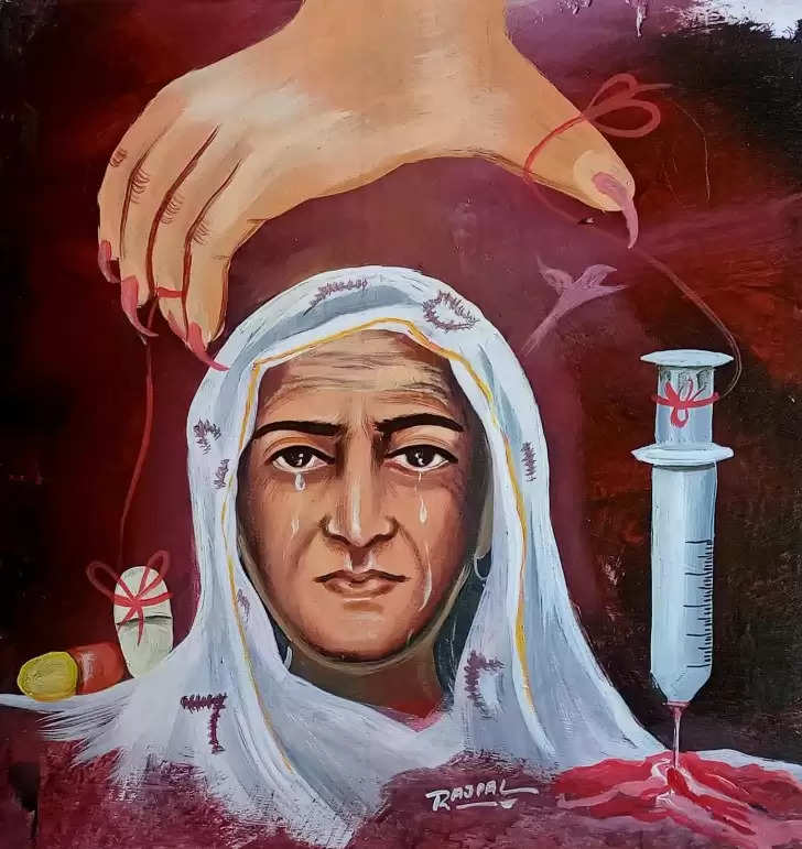 बढ़ते नशे के कारण मां की बेबसी पर चित्रकार राजपाल सुथार की पेंटिंग